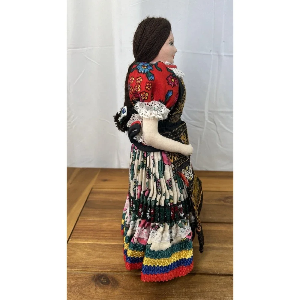 Vintage Hungarian Folk Art Doll Handmade in Traditional Dress on Kaiser Stand